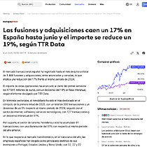 Las fusiones y adquisiciones caen un 17% en Espaa hasta junio y el importe se reduce un 19%, segn TTR Data